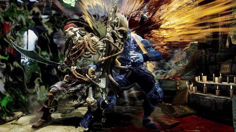 Skeleton pirate Spinal clashing with a blue demon warrior in a dark temple with golden light effects.