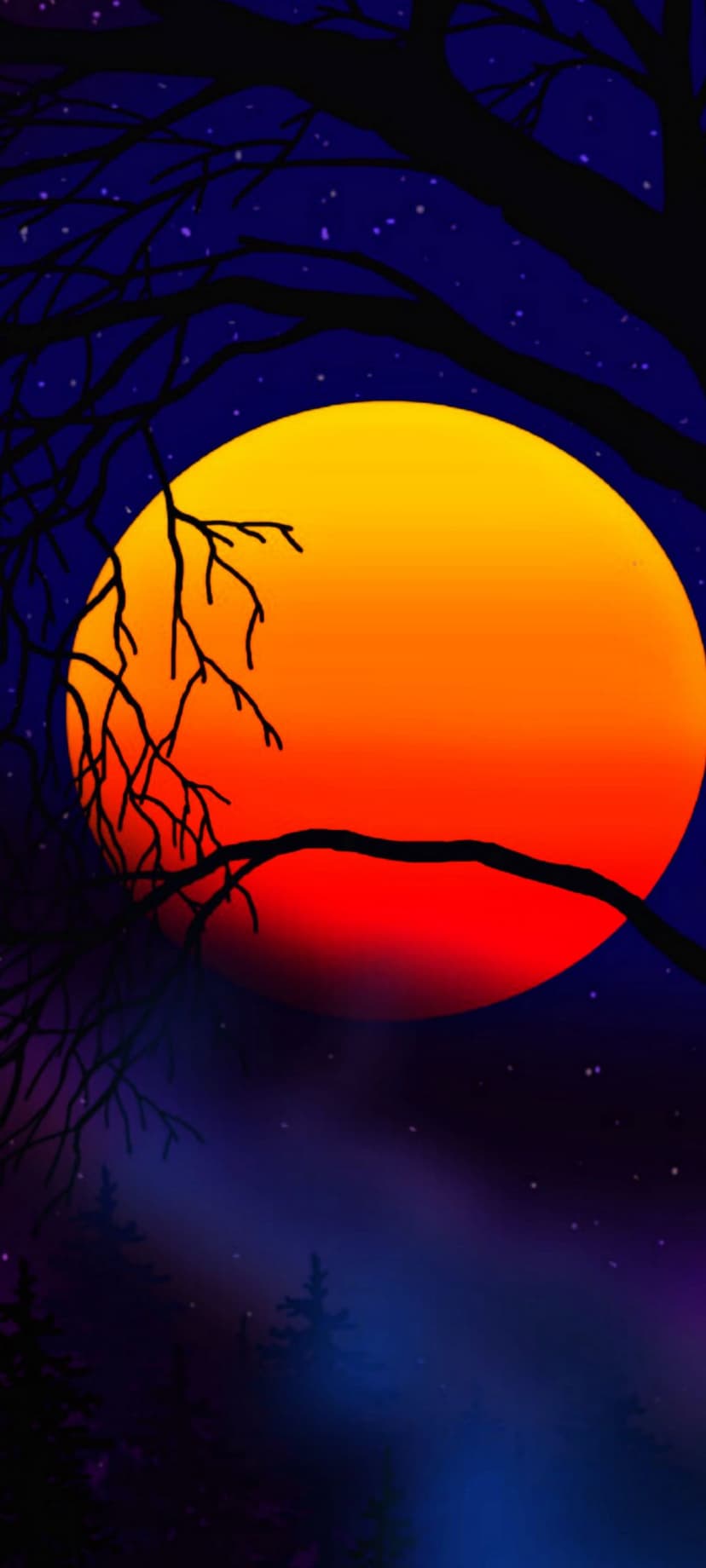 Giant orange moon rising over a foggy forest silhouette and starry indigo sky in a vertical composition.