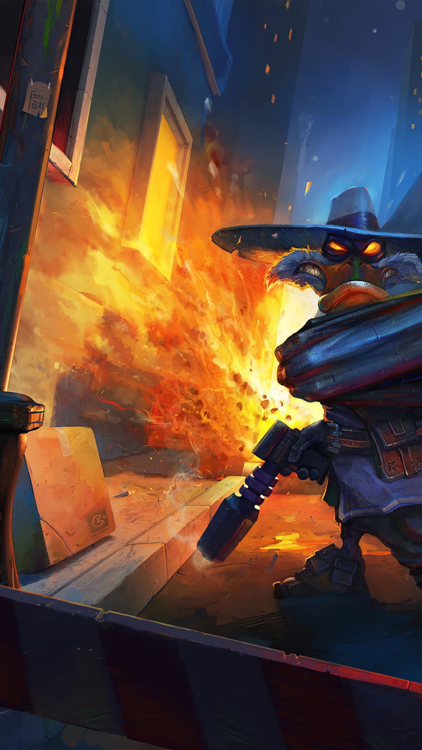 Darkwing Duck aims a futuristic blaster as orange flames and black smoke billow from a city building behind him.