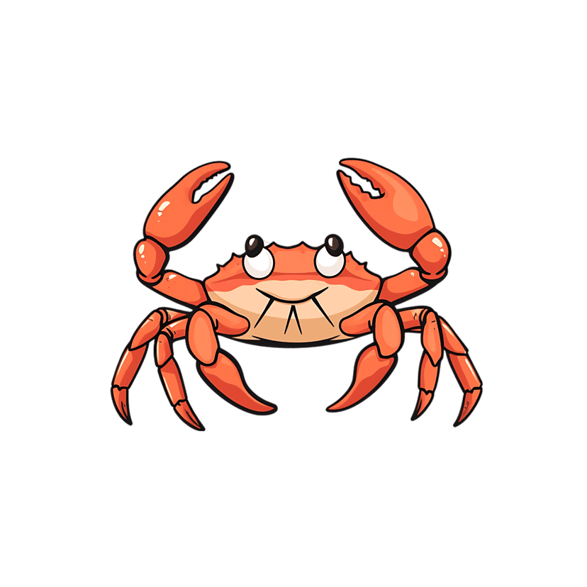 Orange crab illustration with large eyes and orange claws centered on a solid black background for clarity.