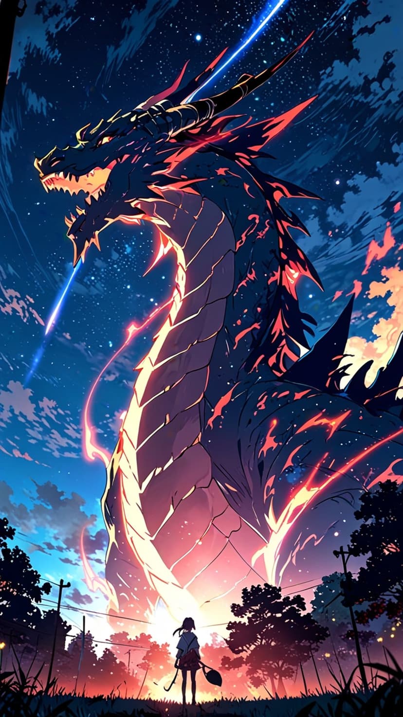 Colossal dark dragon with glowing orange accents flies above a small girl silhouette against a starry night sky.