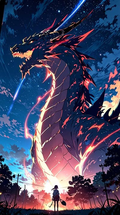 Celestial Dragon Flight and Girl Silhouette Phone Background