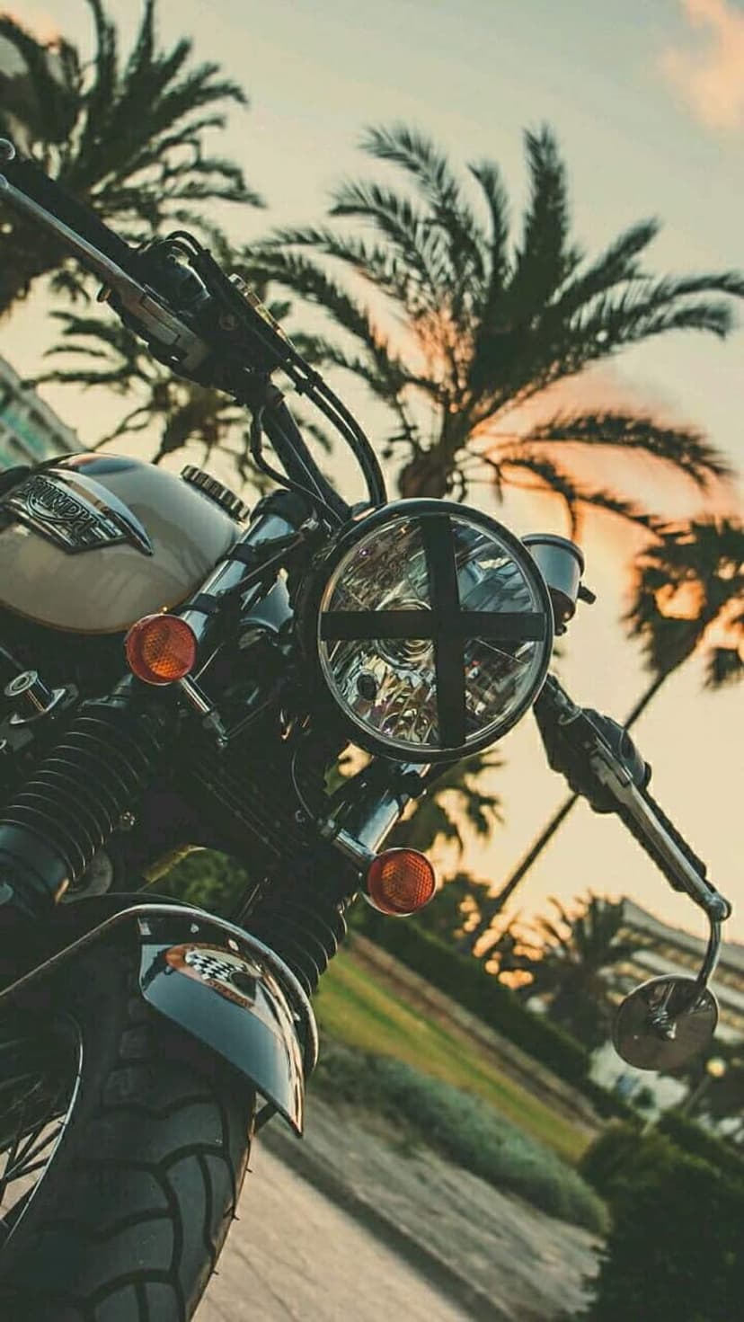 Vintage motorcycle parked between tall palm trees against a glowing orange sunset sky on a tropical coastline.