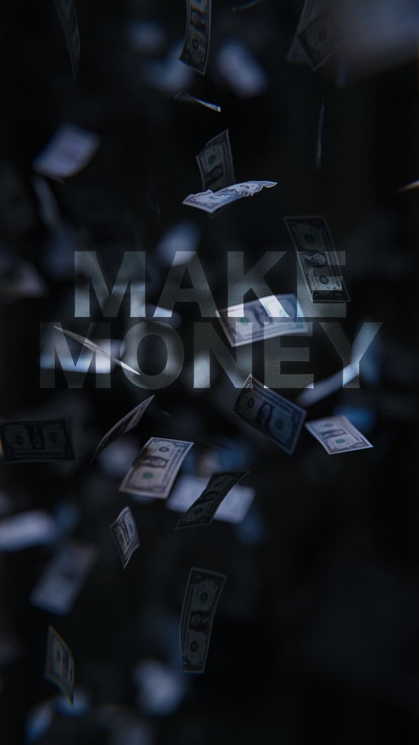 US dollar bills fall through a dark atmosphere behind translucent glowing text spelling the words Make Money.