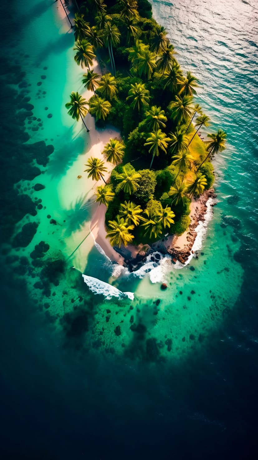 Tropical island atoll surrounded by turquoise lagoon water and white sandy beaches viewed from a high aerial angle.