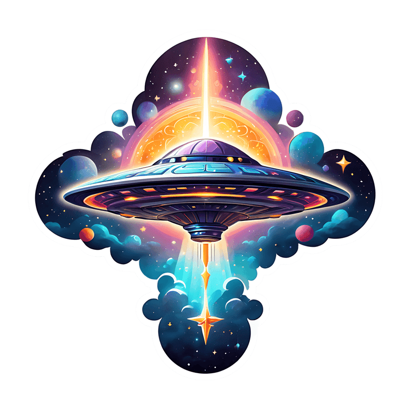 UFO saucer sticker emitting orange light beams between purple planets and stars in a dark space nebula.