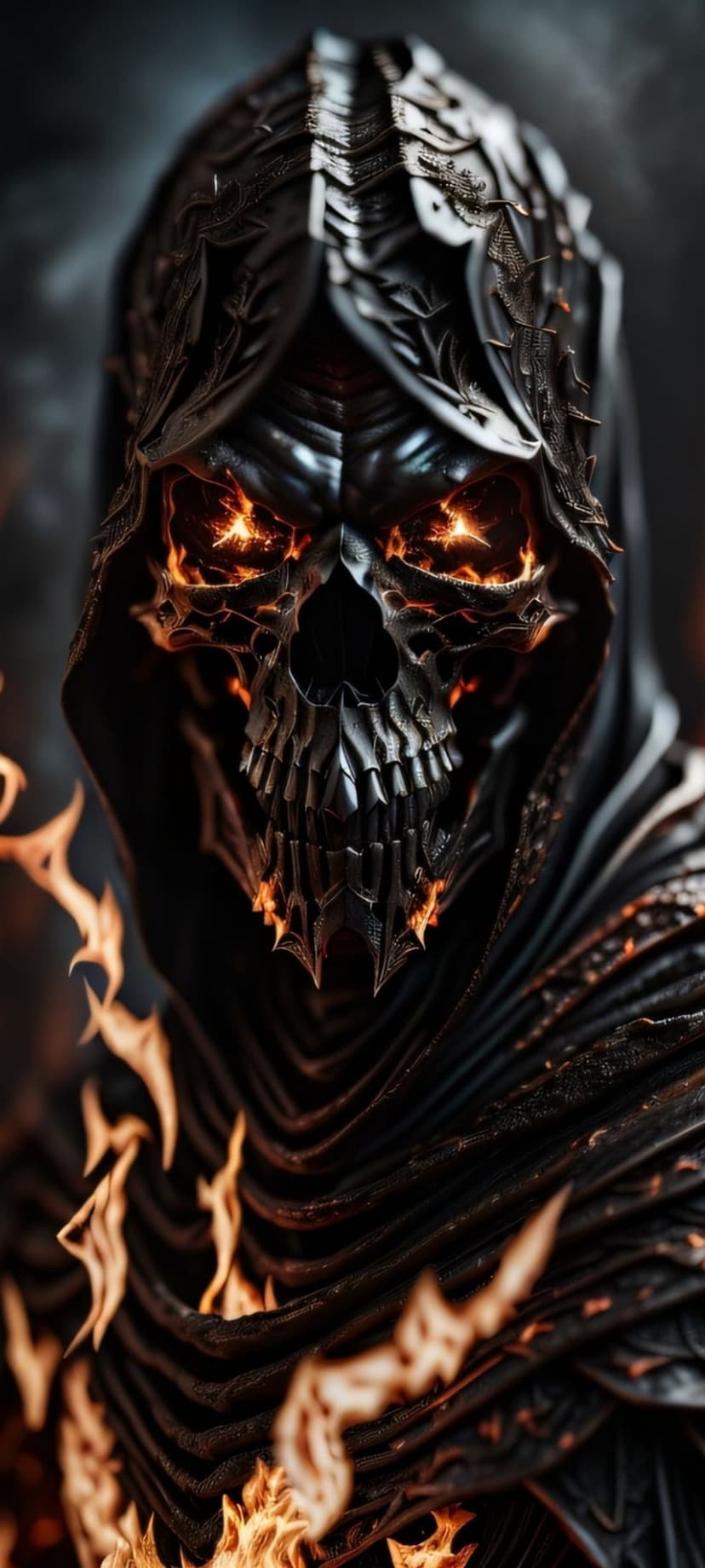 Skeletal warrior in spiked black armor with glowing orange eyes and flames flickering around its chest and helm.