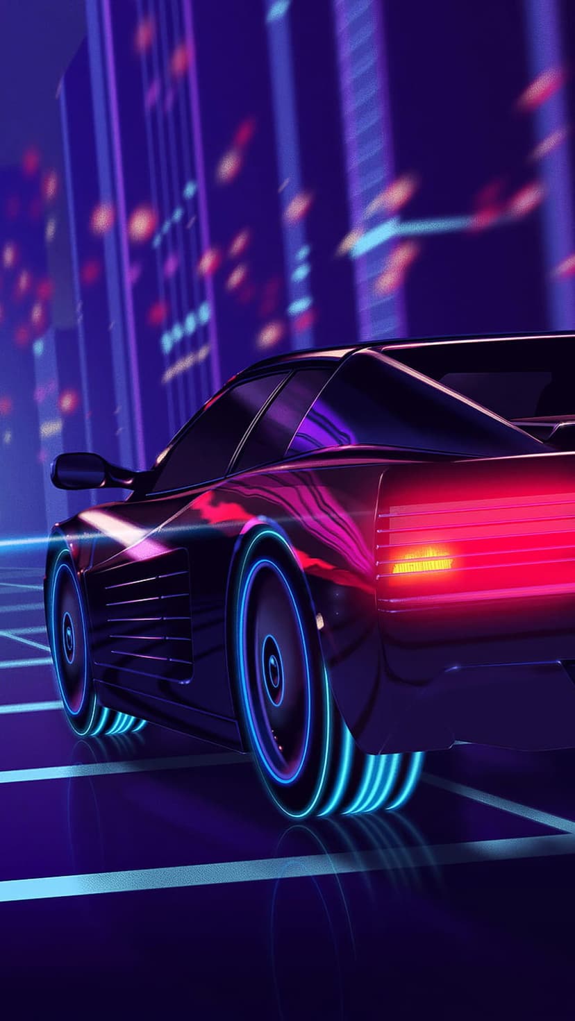 Sleek futuristic car accelerating through a neon-lit city at night with glowing purple and blue light trails.