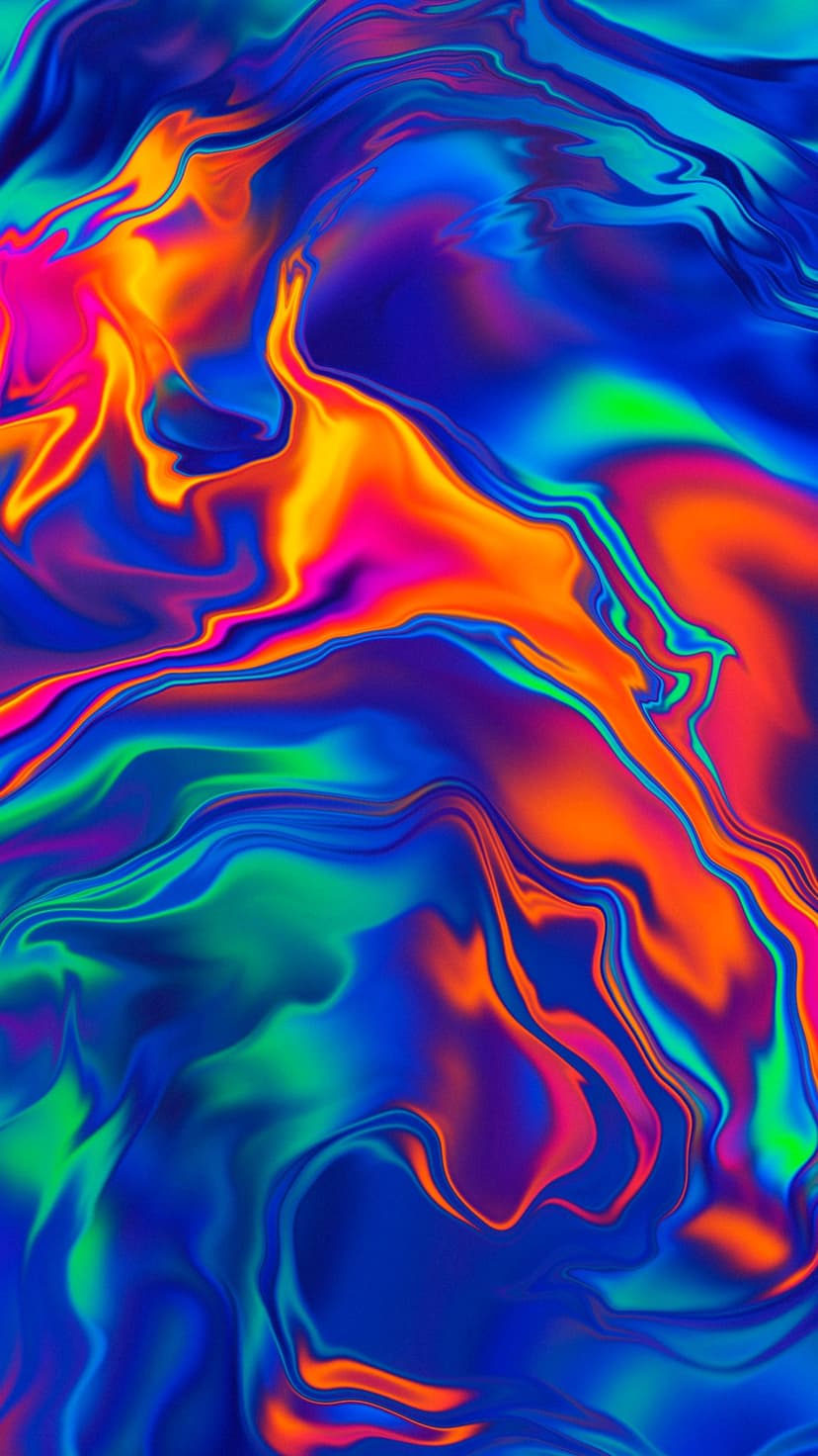 Swirling waves of neon pink, electric blue, and fiery orange flow together in a high-contrast liquid pattern.