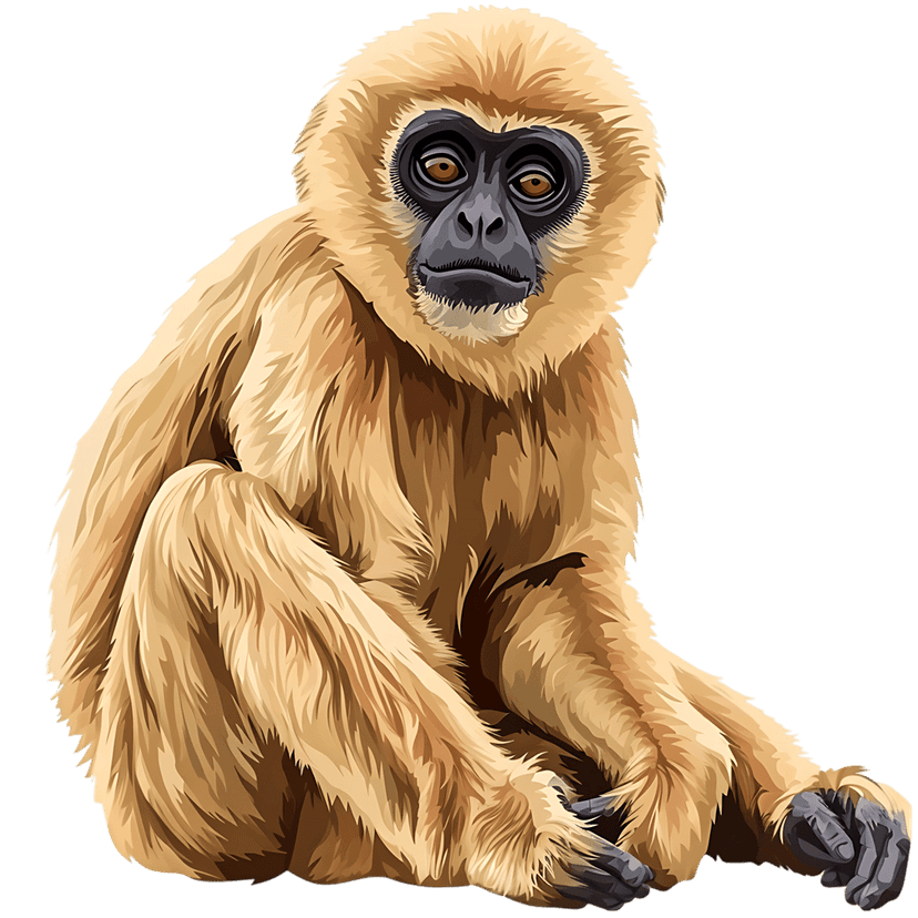 Golden gibbon monkey sitting with detailed fur texture and dark facial features against a dark background.