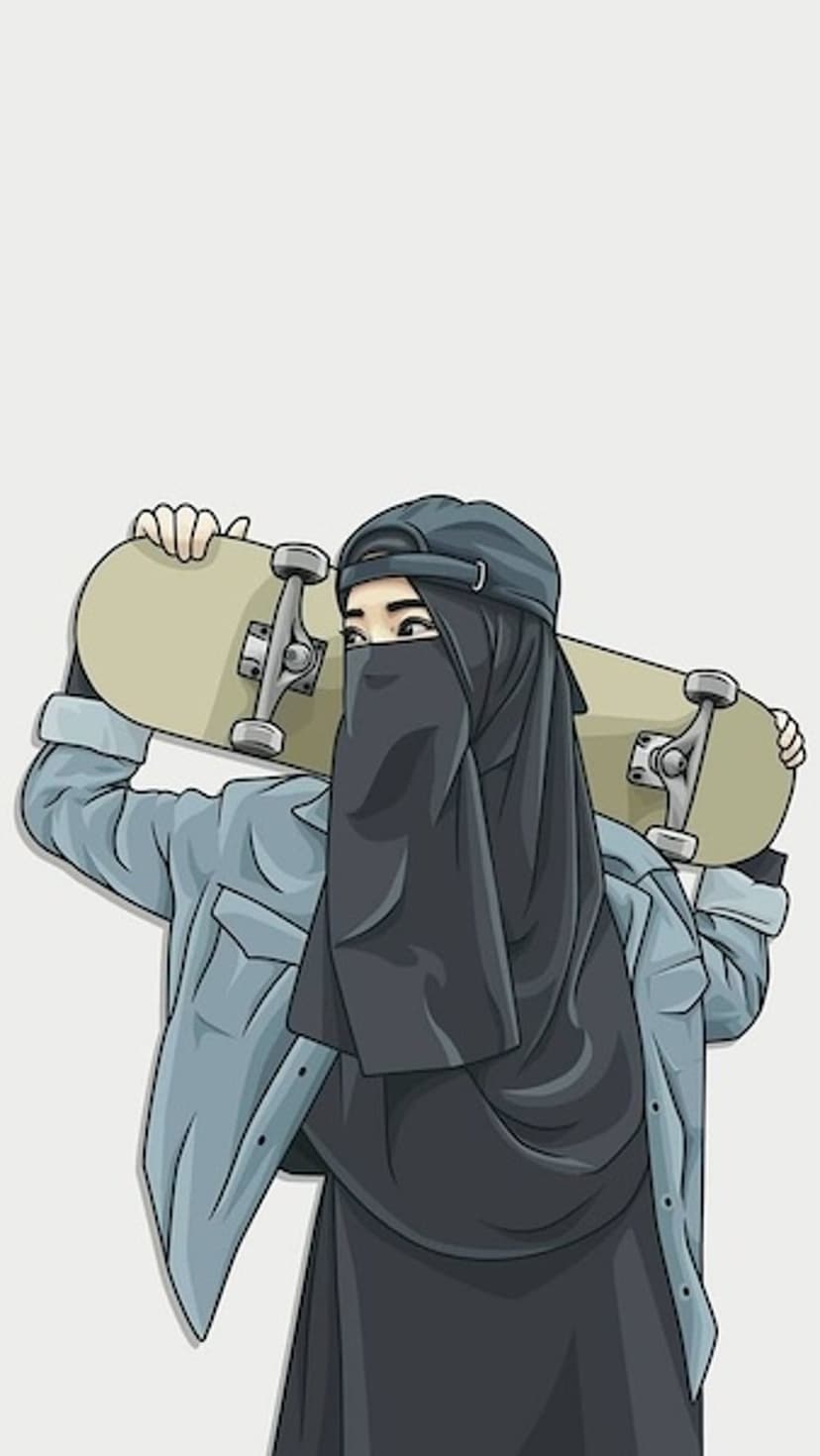 Muslim woman in a black niqab and denim jacket holds a skateboard behind her head with a baseball cap.