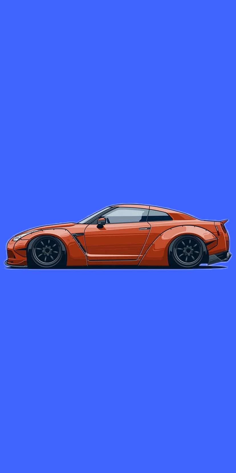 Orange widebody GT-R sports car with black rims shown in side profile against a solid vibrant blue backdrop.