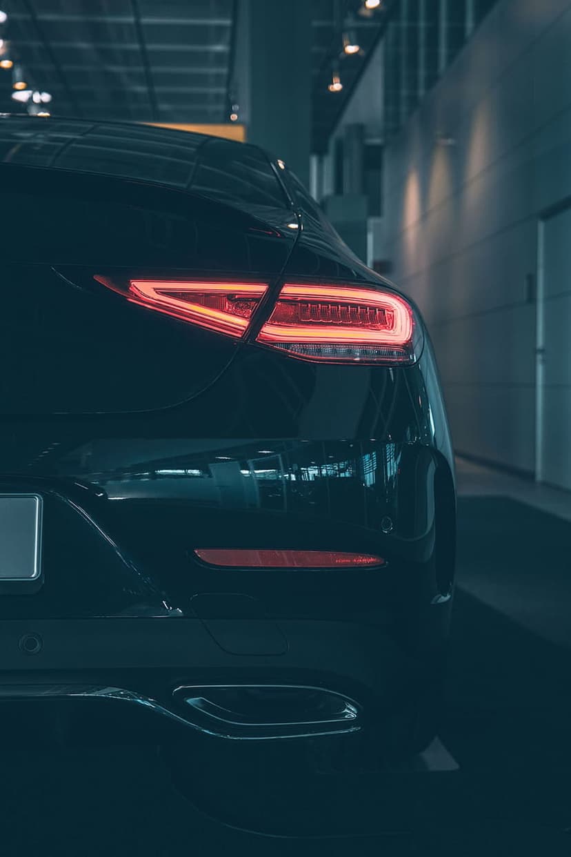 Red LED taillight of a black luxury car glowing in a dark showroom with crisp geometric light reflections.