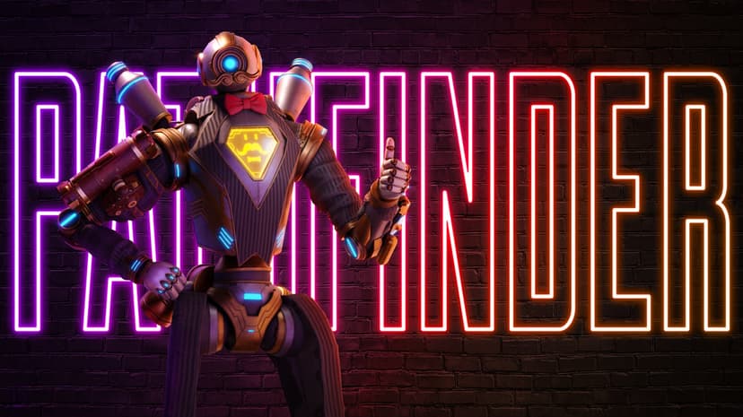 Robot character in a tuxedo skin with a red bowtie giving a thumbs up in front of a neon sign on a brick wall.