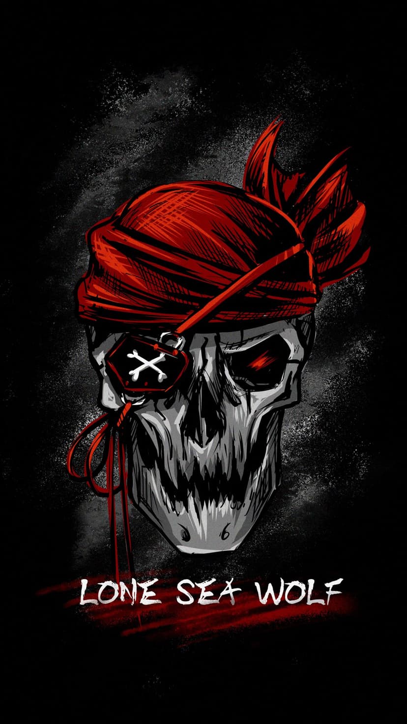 Pirate skull wearing a red bandana and bone eyepatch with glowing red eyes against a dark textured background.