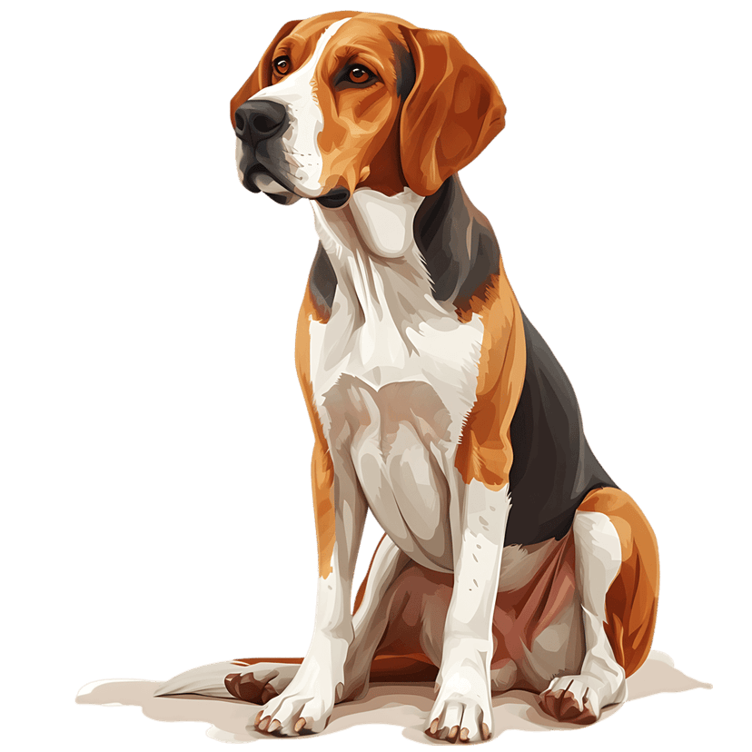 Beagle dog sitting in a tri-color digital painting style with smooth brown and black fur on a clear background.