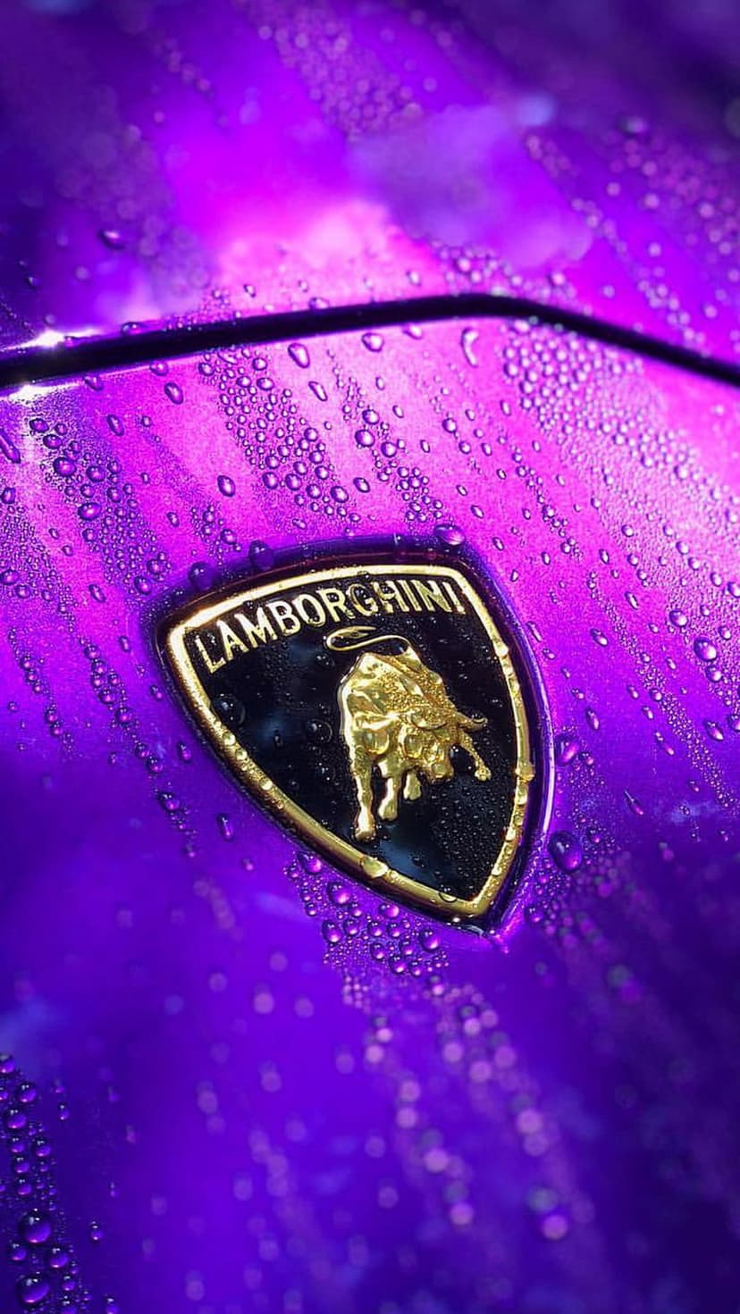 Gold Lamborghini emblem on a wet purple hood covered in clear water droplets, shot in a close-up macro style.