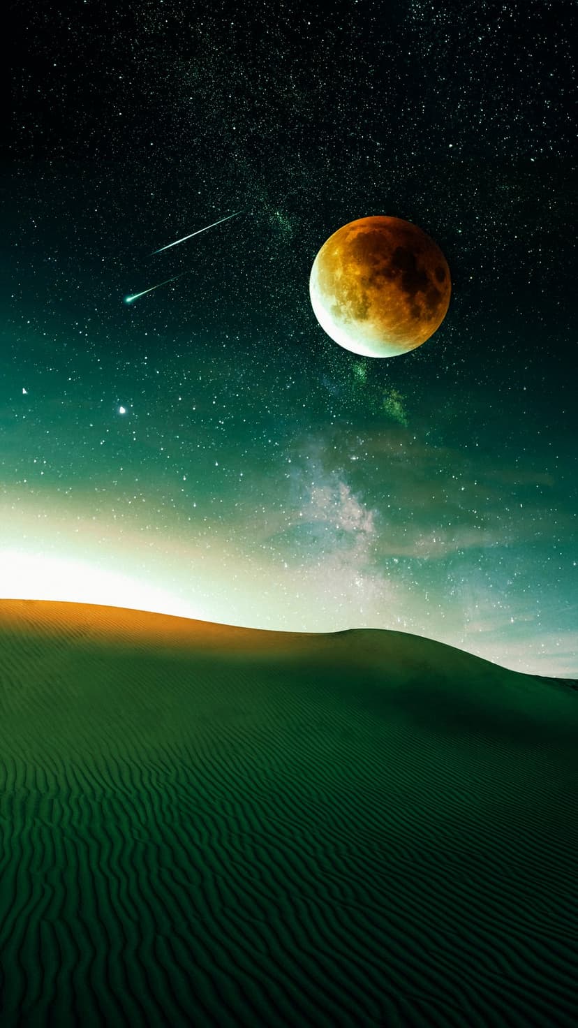 Rolling desert dunes reflect light from a large orange moon under a teal sky with meteor trails and stars.