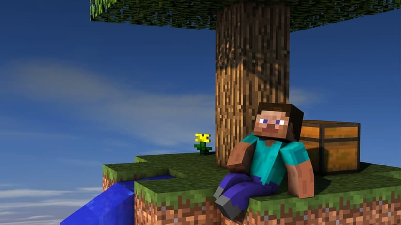 Minecraft character Steve leans against an oak tree on a small floating skyblock island under a bright blue sky.
