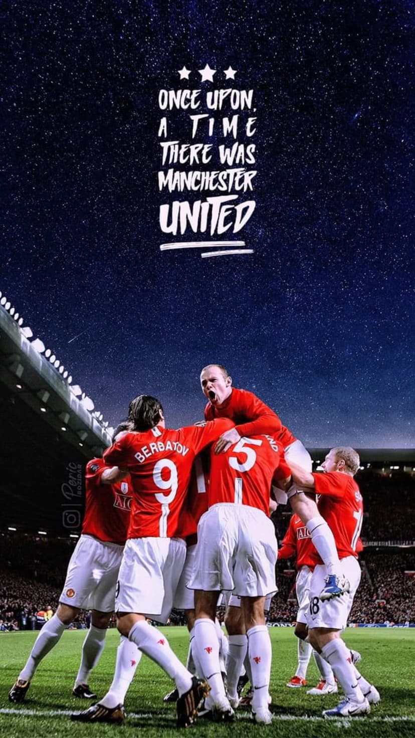 Wayne Rooney and Dimitar Berbatov celebrate on a pitch under a starry night sky with nostalgic club typography.