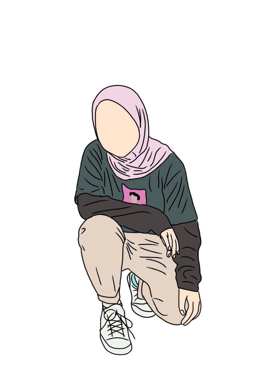 Woman in a pink hijab and green graphic shirt crouching in white sneakers against a plain white background.