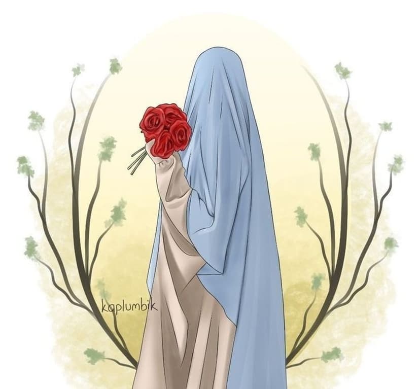 Woman from behind wearing a light blue hijab and beige dress holding red roses with watercolor green branches.