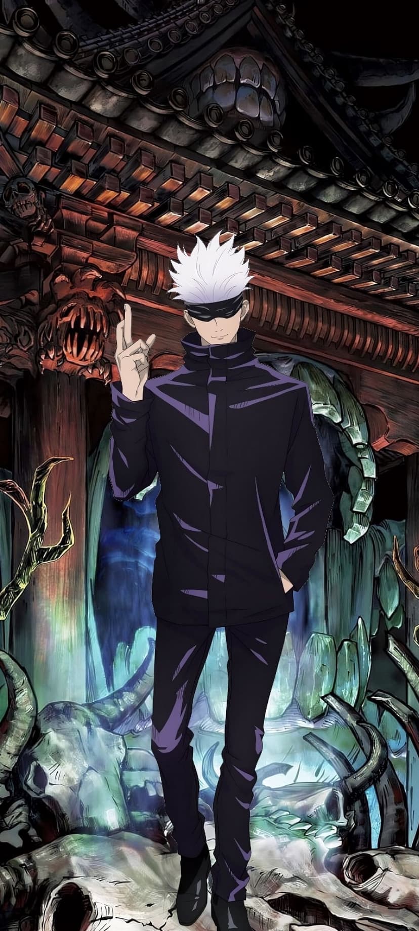 Satoru Gojo stands with a raised hand wearing a blindfold against dark ornate architecture and eerie shadows.
