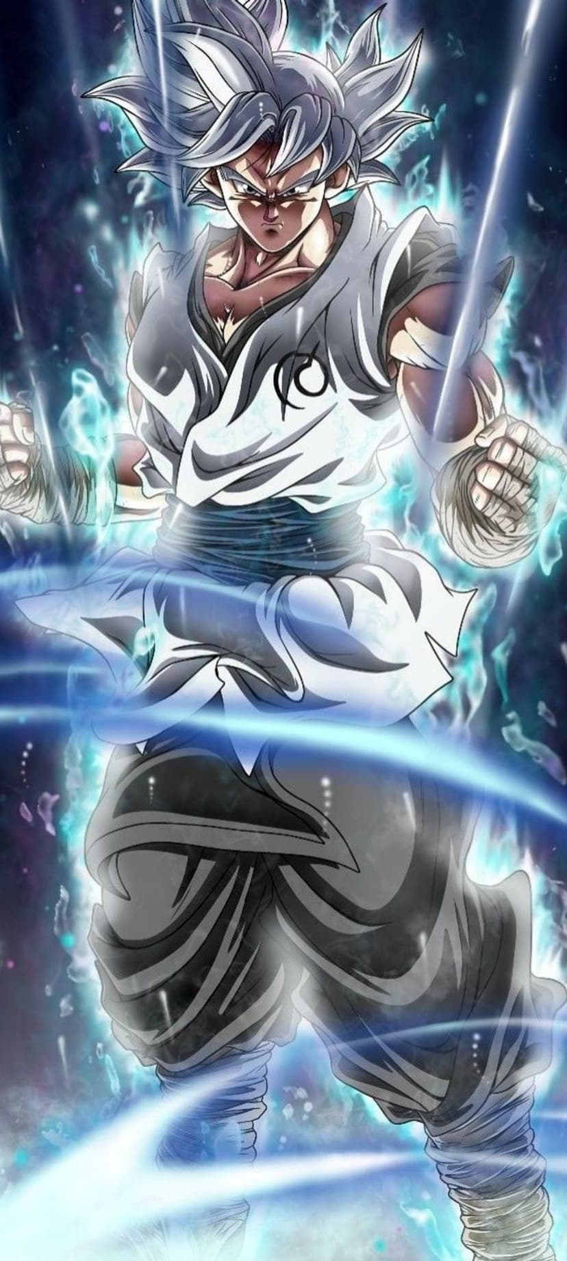 Goku with silver hair stands centered within a swirling blue energy field and cosmic light particles.