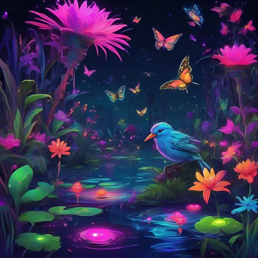 Azure bird perches near a shimmering pond surrounded by glowing flowers and butterflies in a moonlit fantasy garden.