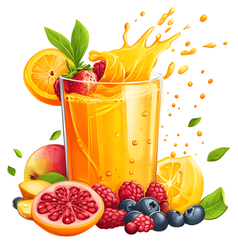 Berry juice splash illustration with floating raspberries and blueberries featuring realistic liquid motion on transparency.