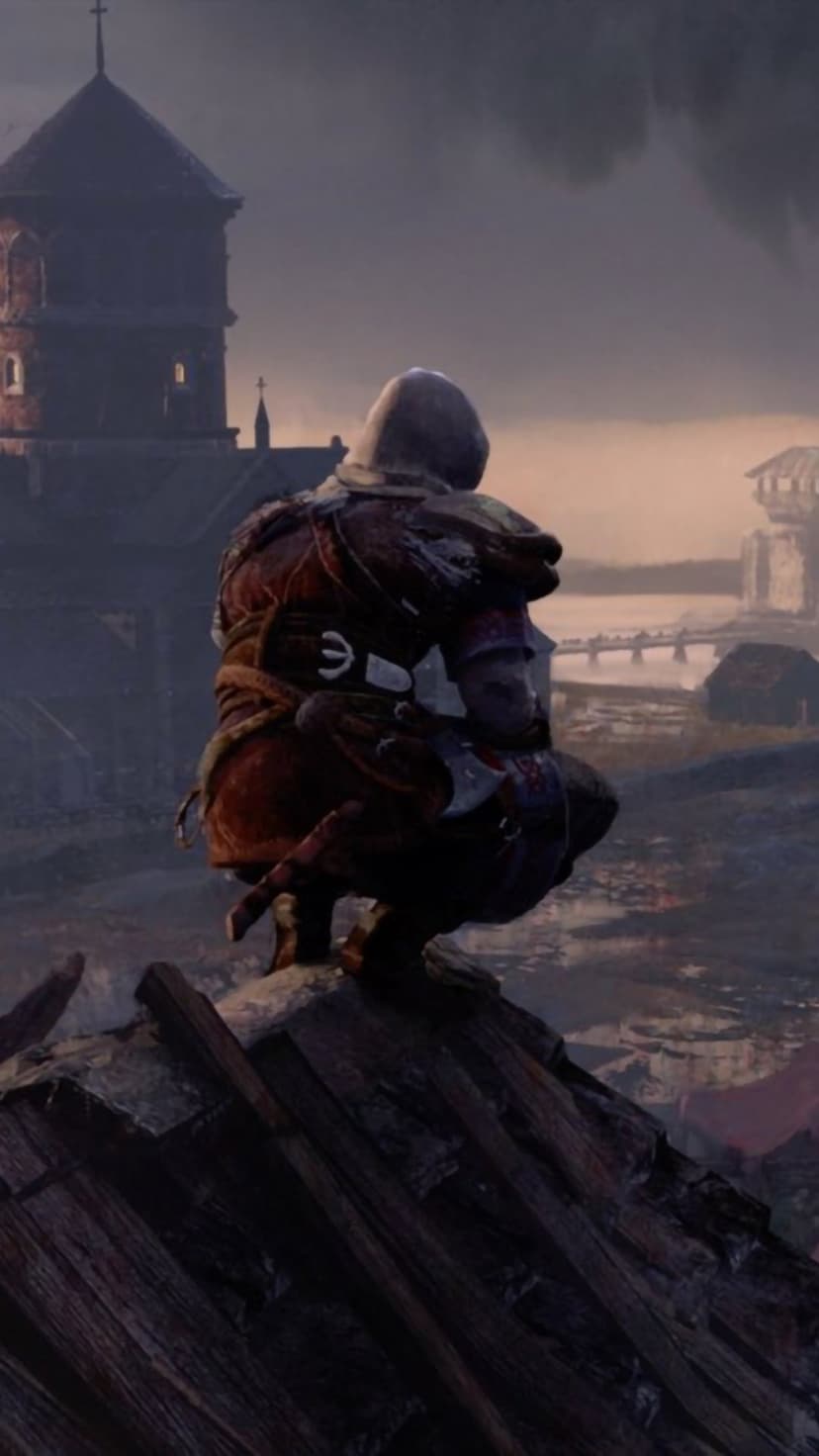 Armored knight crouched on stone ruins gazes at a distant gothic castle under a somber, cloudy sky at dusk.