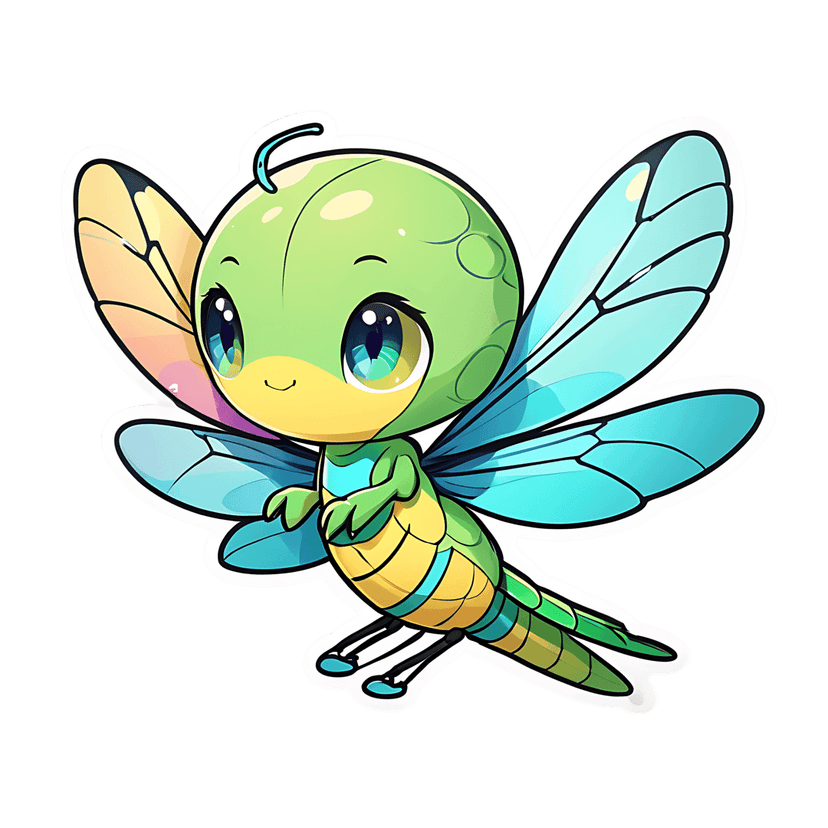 Green dragonfly sticker with large blue eyes and translucent teal wings featuring a white die-cut border outline.