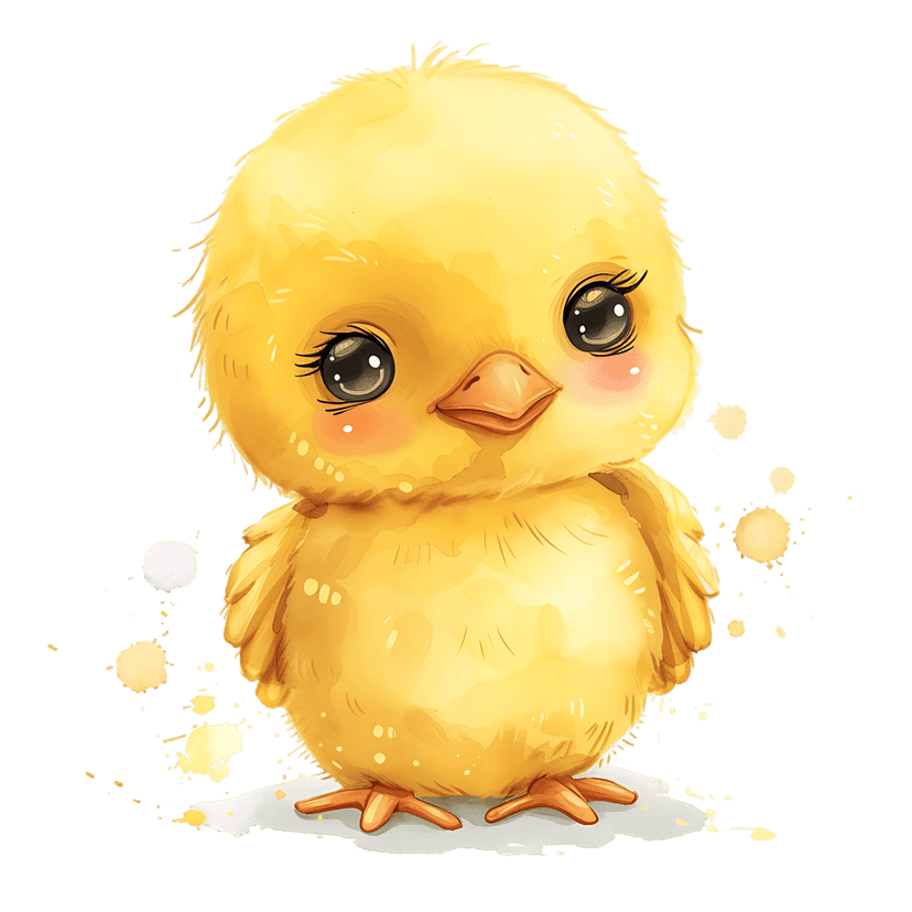Yellow baby chick watercolor illustration featuring orange pigment splashes and dark eyes on transparent background