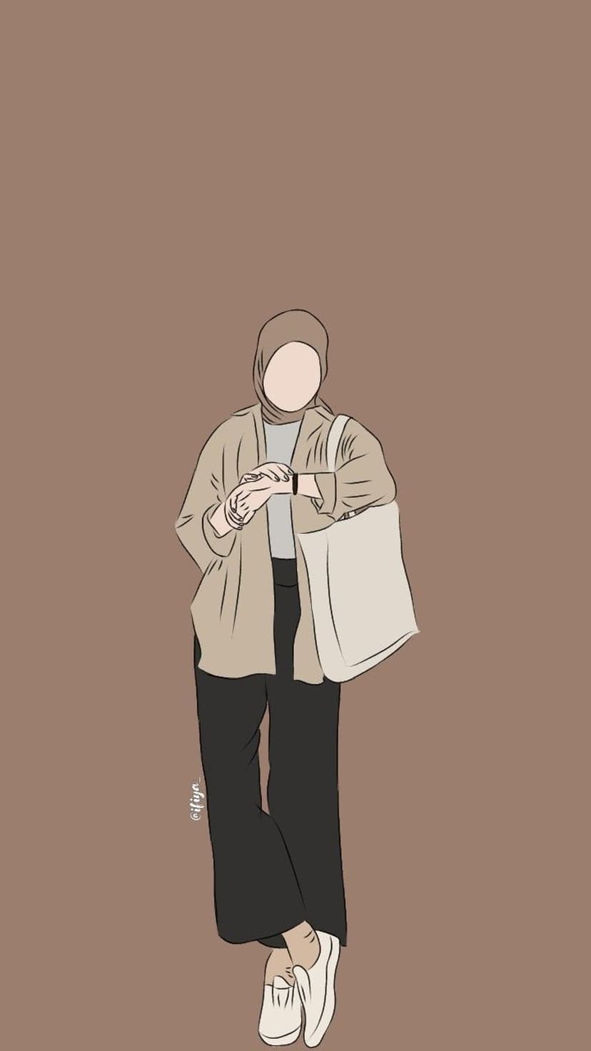 Woman wearing a sand-colored hijab and dark trousers checks her wrist watch while holding a large black tote.