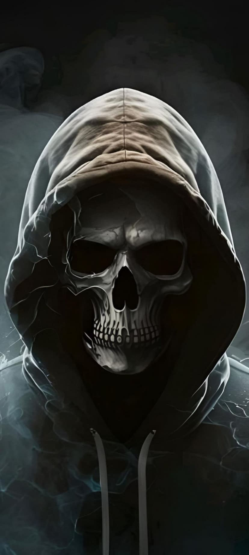 Skeletal face wearing a dark hoodie surrounded by wisps of gray smoke against a high-contrast black background.