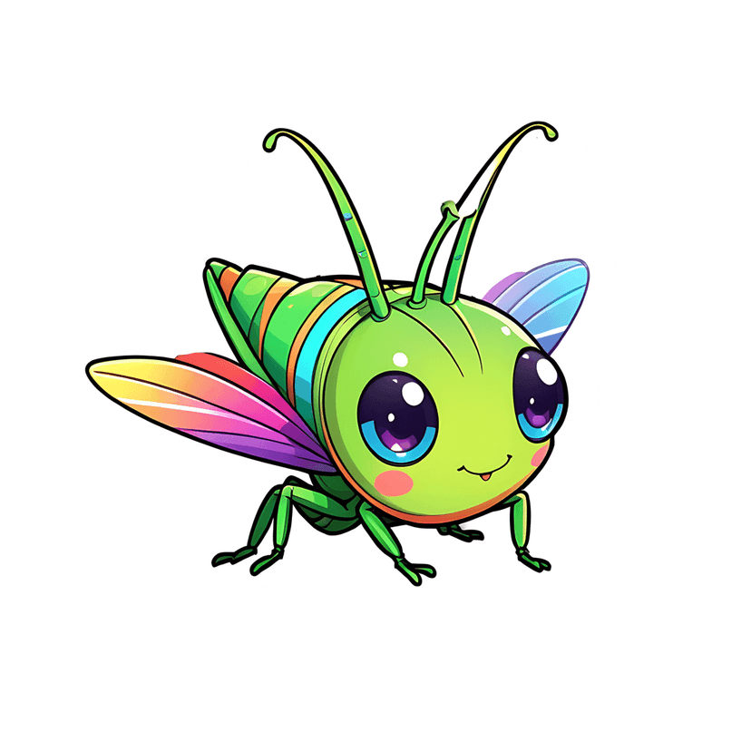 Green grasshopper sticker with iridescent rainbow wings and large purple eyes on a white die-cut background.