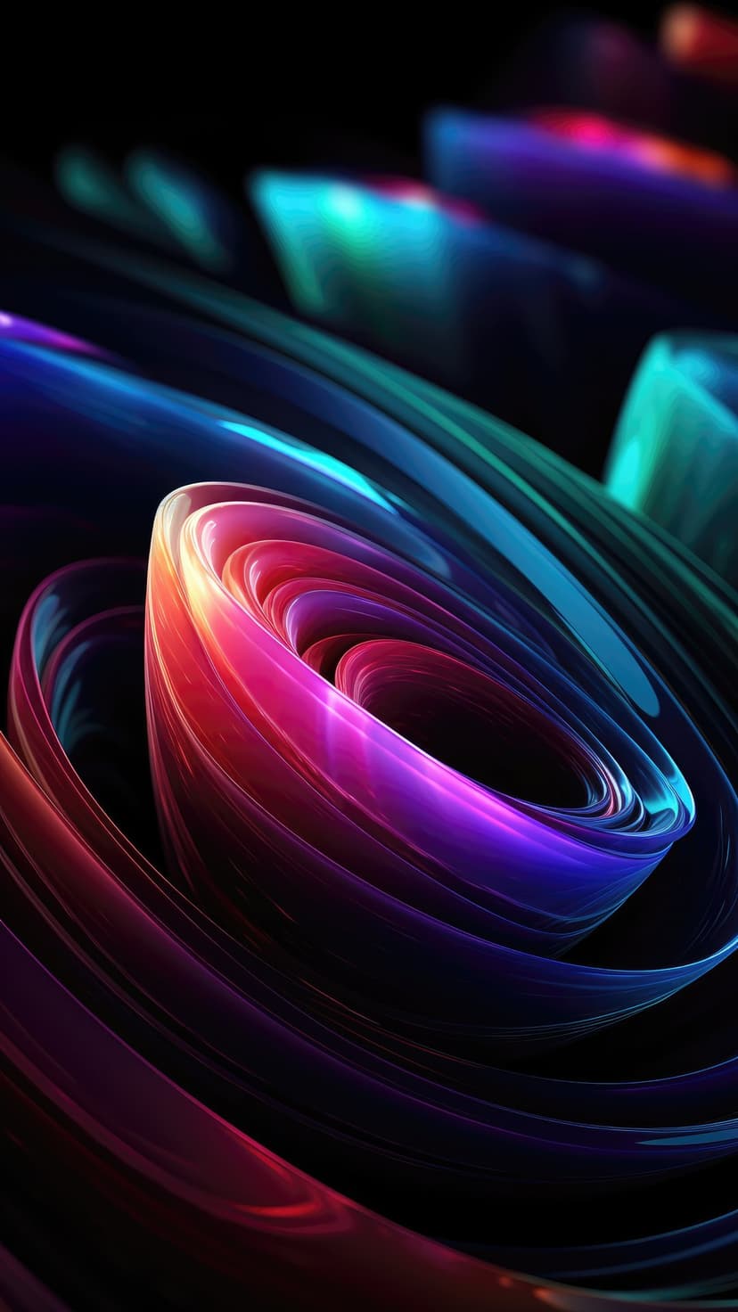 Glowing neon ribbons in violet and scarlet twist through dark space with glossy reflections and 3D fluid motion.