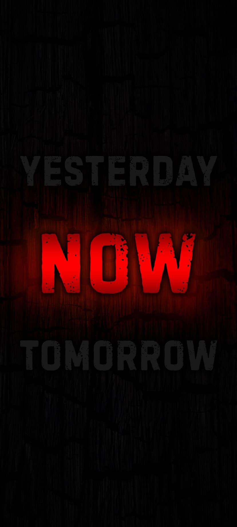 Bold red lettering spelling NOW appears on a clean surface, serving as a minimalist motivational phone wallpaper.