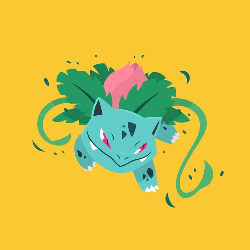 Ivysaur with extended vines and a pink flower bud on its back against a solid yellow background.