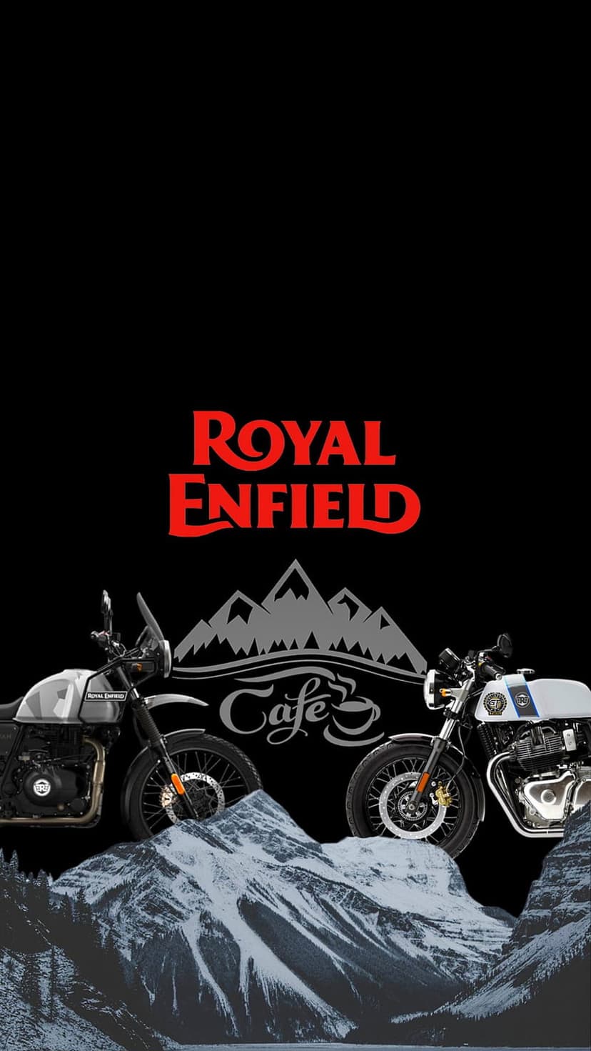 Royal Enfield Continental GT and Himalayan motorcycles parked in snowy mountains beneath a cafe racer logo.