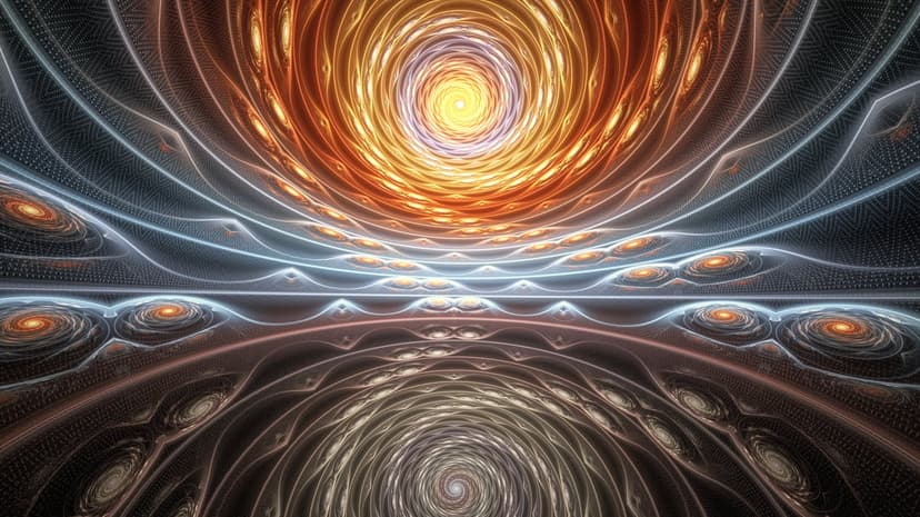 Fiery orange vortex spirals above a mirrored floor of blue and gold fractal geometric patterns in a cosmic void.