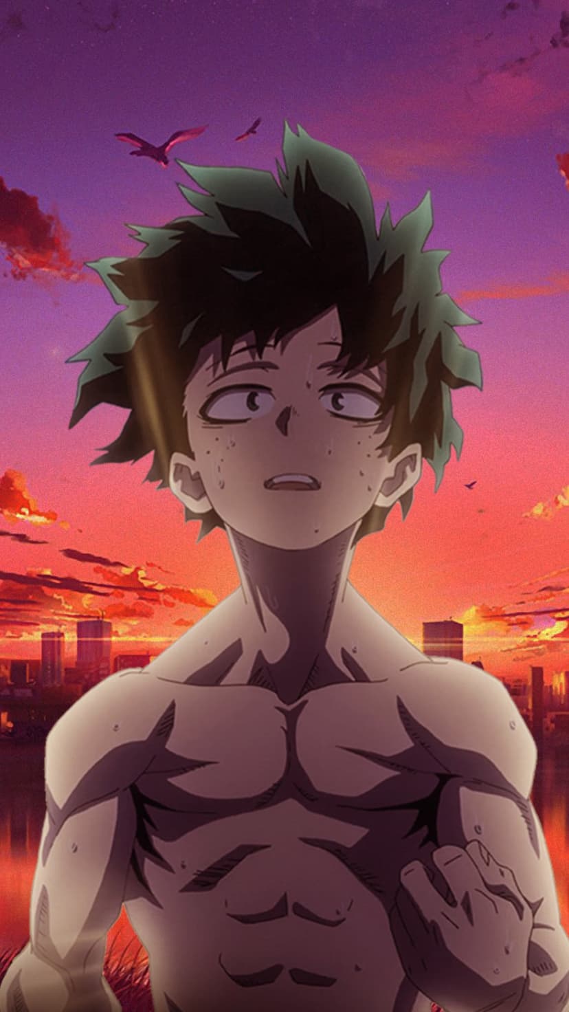 Izuku Midoriya gazes upward with a sweaty chest against a purple and orange sunset over a city skyline.
