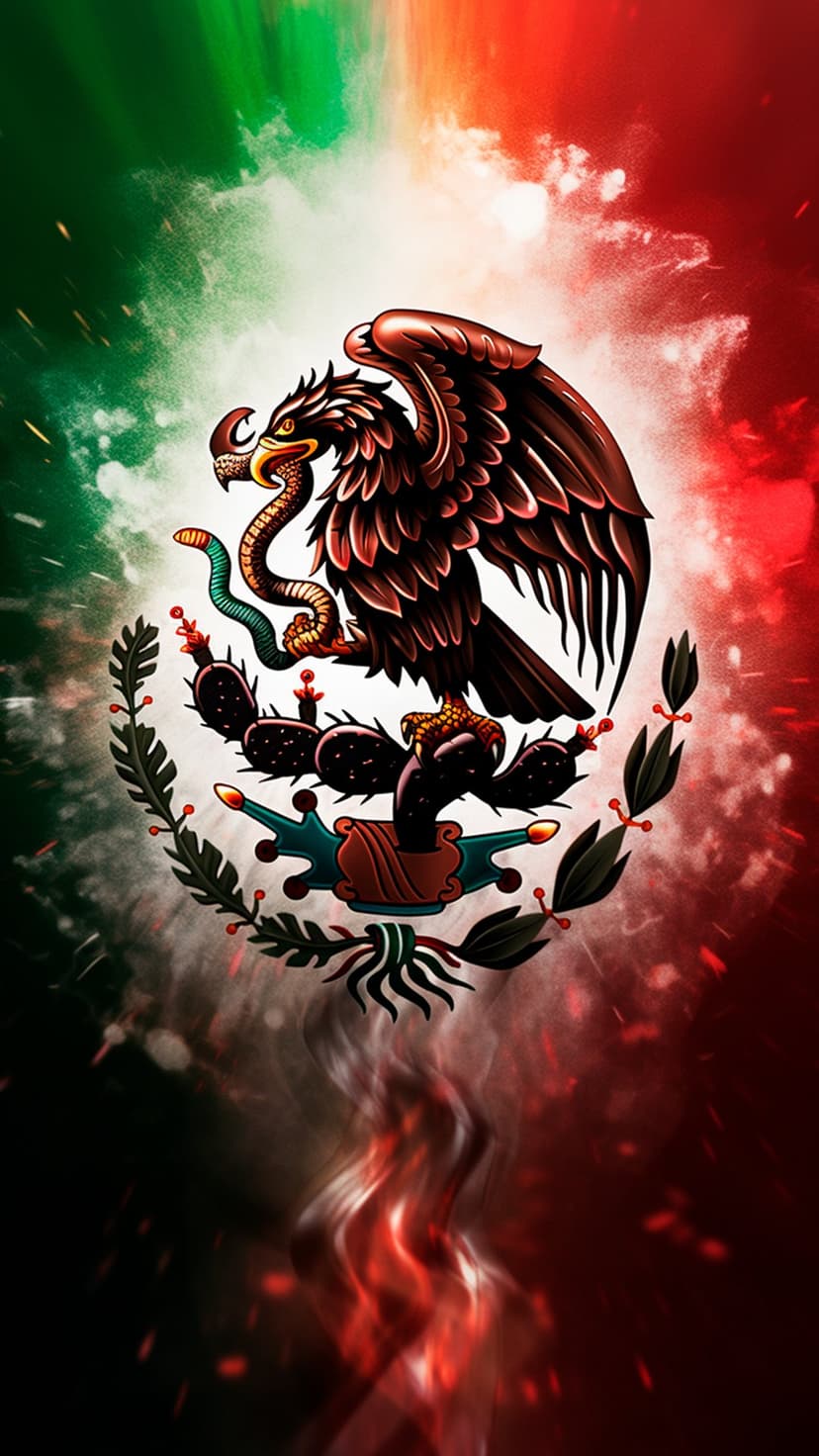 Golden eagle devouring a serpent on a cactus surrounded by swirling green and red smoke with fiery embers.