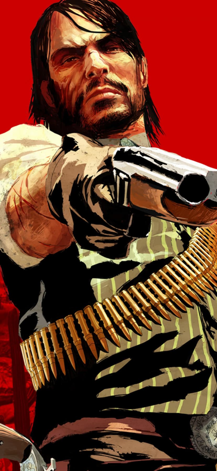 John Marston aims a gun forward wearing a bullet bandolier against a solid red background in hand-drawn style.