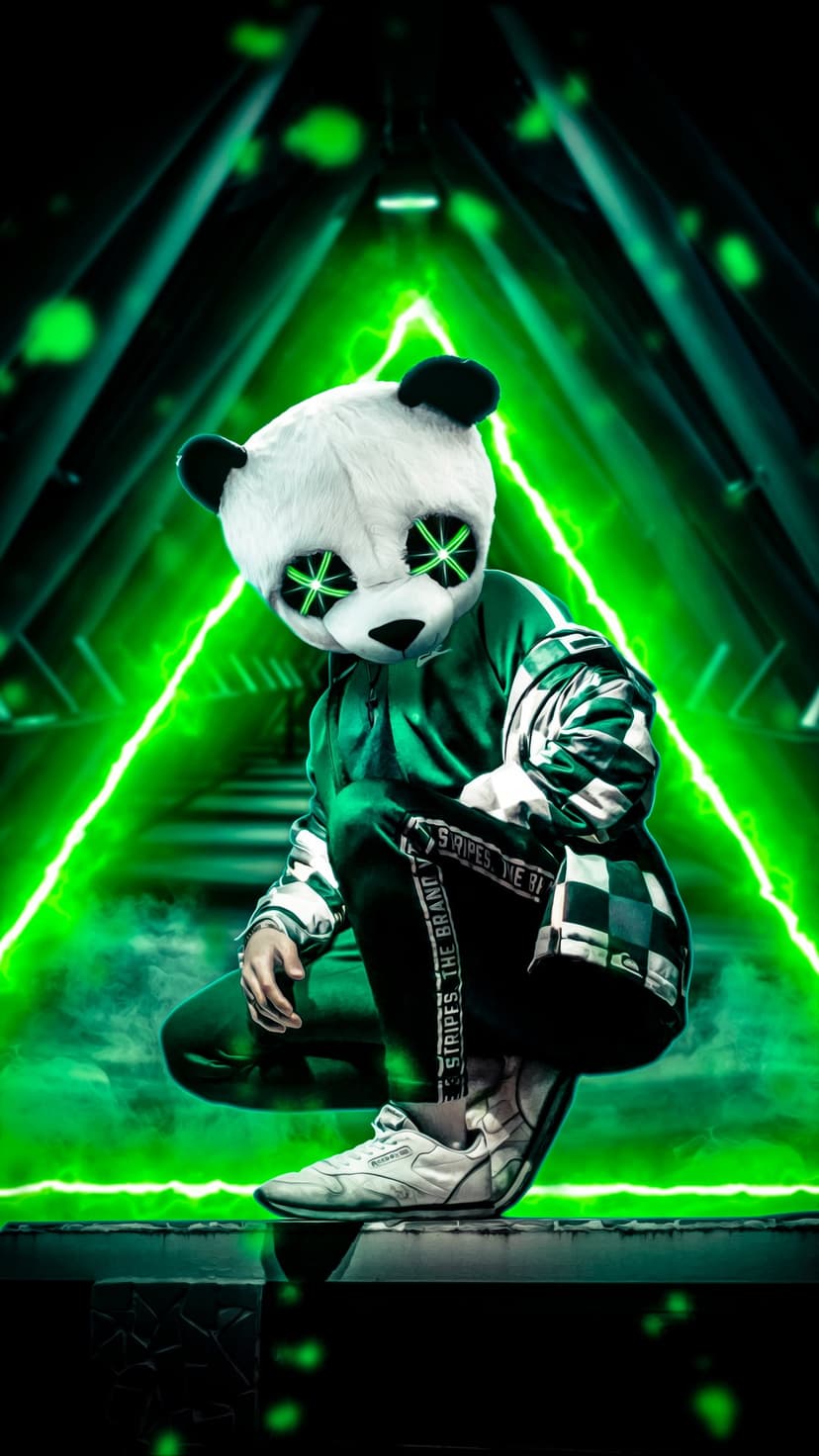 Person in a panda mask with glowing eyes wears a green tracksuit in a neon triangular corridor with light streaks.