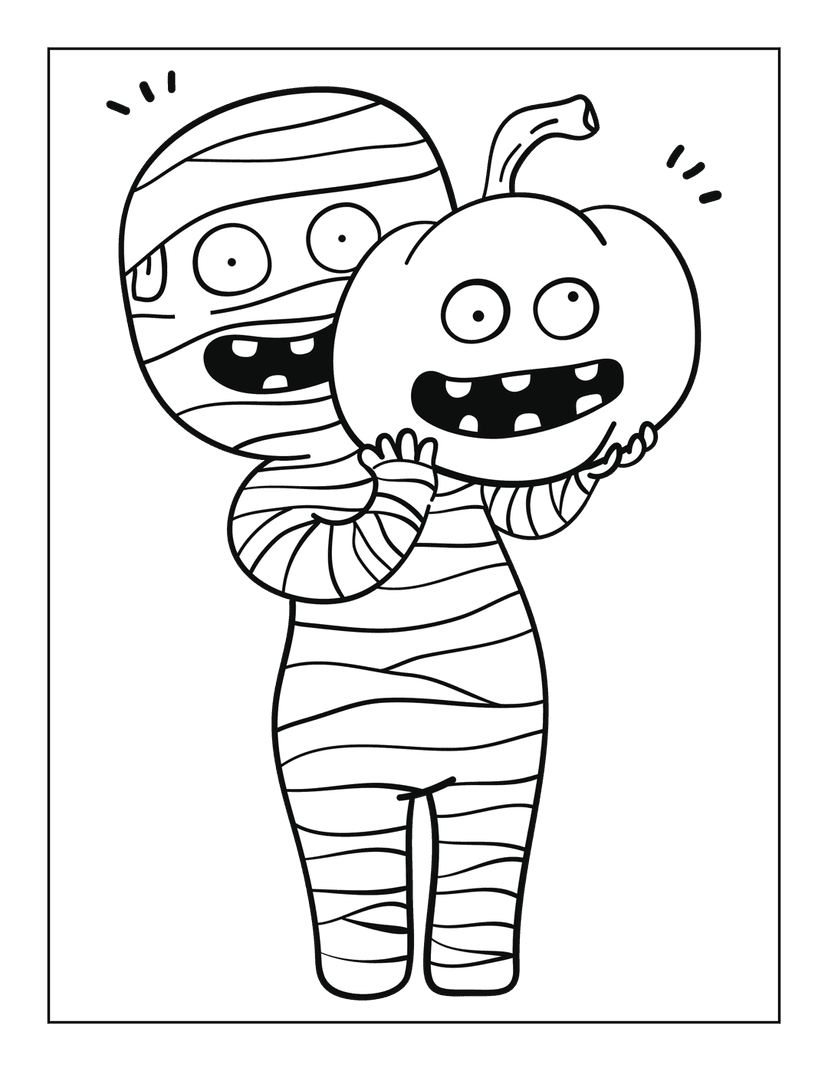 Mummy character holding a carved pumpkin in a black and white line art style for kids coloring activities.