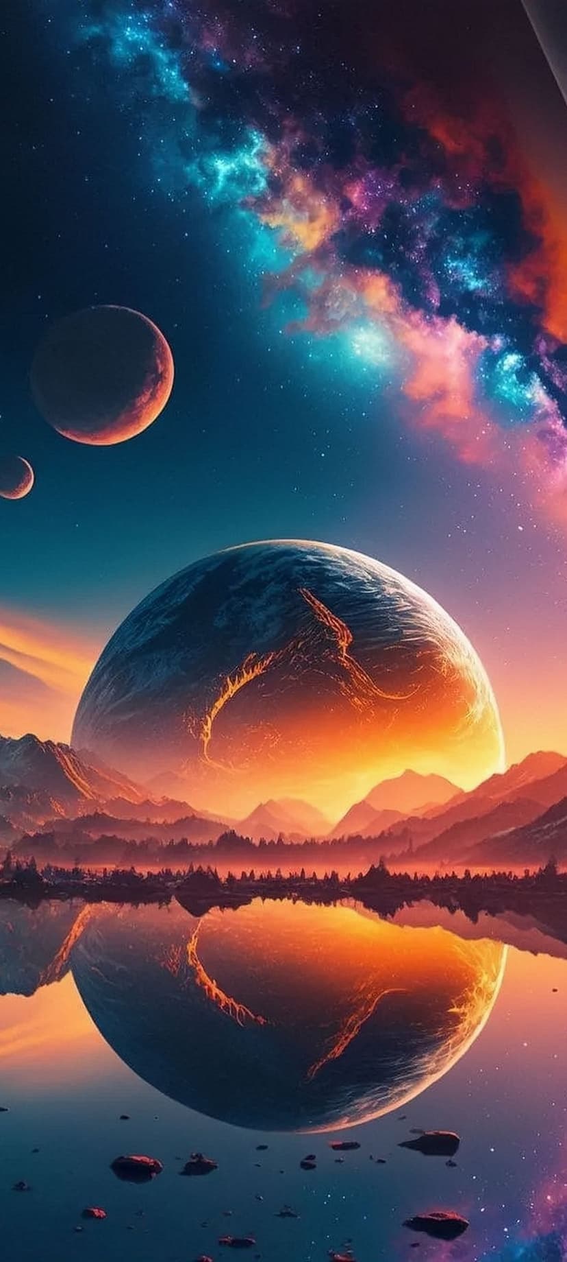 Glowing planets and swirling purple nebulae reflect on a dark mirror-like surface under a starry sky.