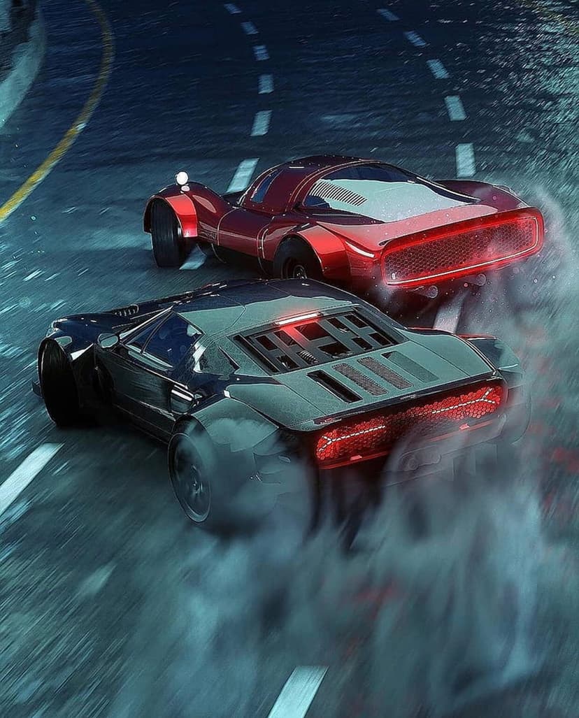 Black and red futuristic cars drift on wet asphalt with glowing neon reflections and tire smoke at night.