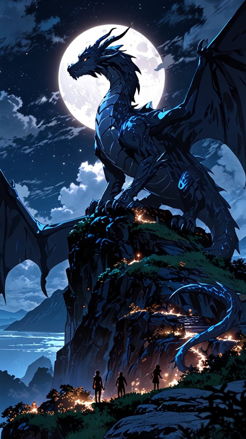 Giant dark dragon on a rocky cliff under a full moon watching silhouetted adventurers with glowing embers.
