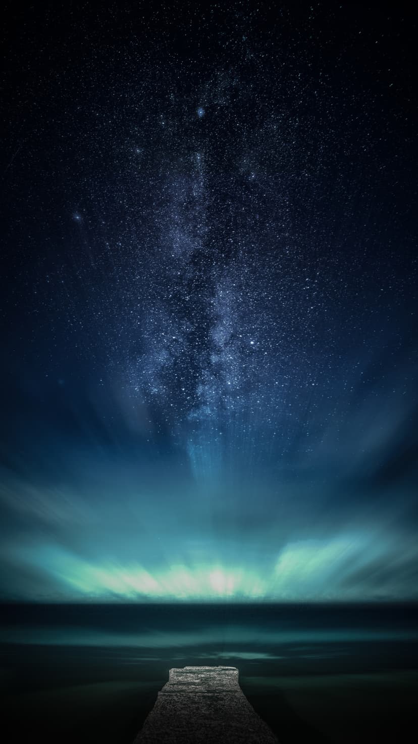 Stone pier extending into calm water under a vivid Milky Way galaxy with purple and blue nebula clouds.